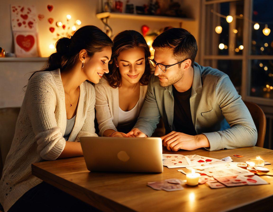 A romantic couple sitting at a cozy, candlelit table with a laptop open, examining financial options, surrounded by playful symbols of love like hearts and currency notes, displaying a balance between romance and financial planning on a budget. Soft warm lighting enhancing the intimate atmosphere. vibrant colors. super-realistic.