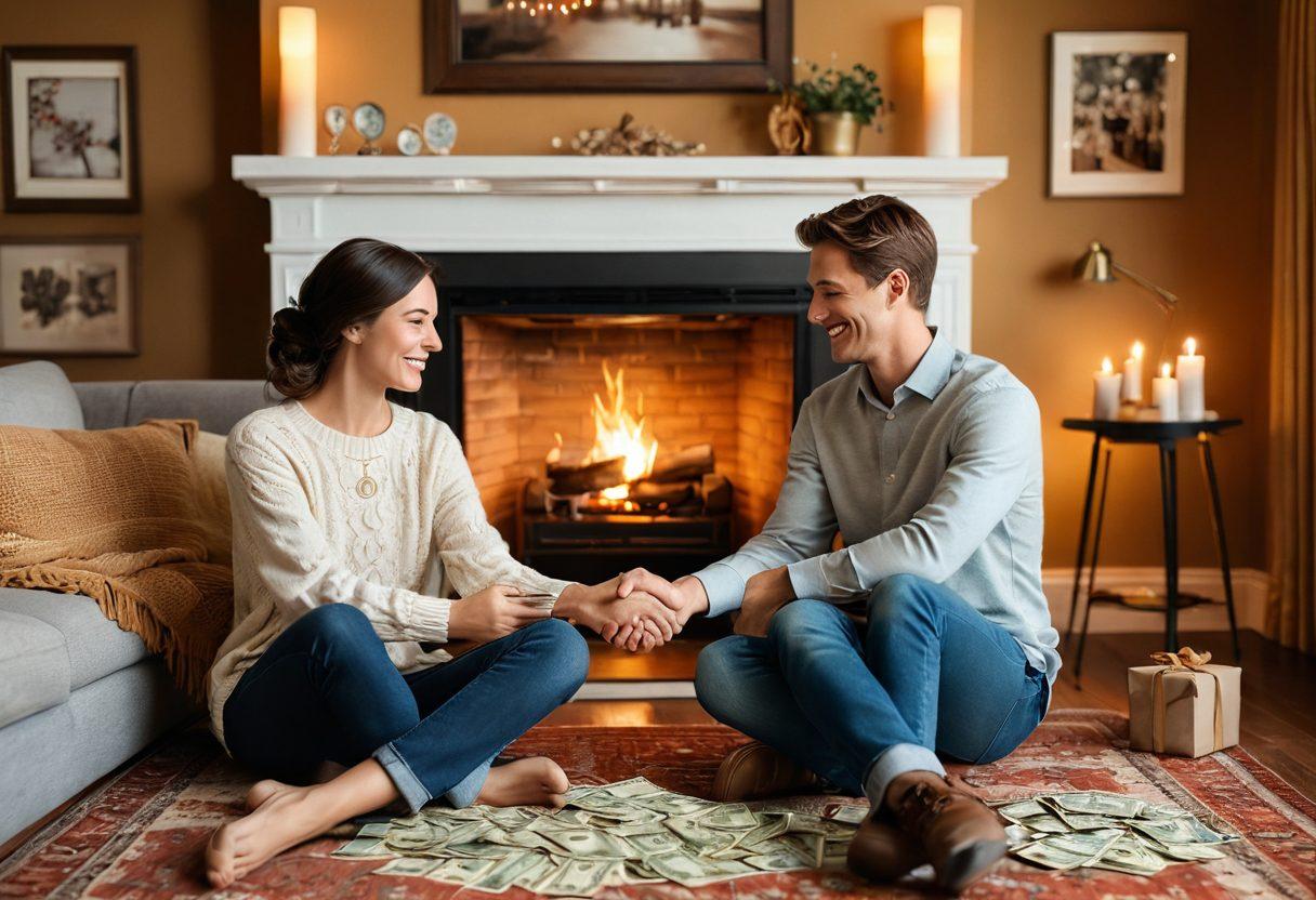 A warm and inviting scene depicting a couple joyfully holding hands, surrounded by symbols of quick cash like dollar bills and coins that float around them, symbolizing financial support. In the background, a cozy living room with a glowing fireplace and family photos, representing love and affection strengthened by financial security. The color palette should be soft and harmonious, with warm tones to evoke feelings of comfort and connection. super-realistic. vibrant colors. 3D.