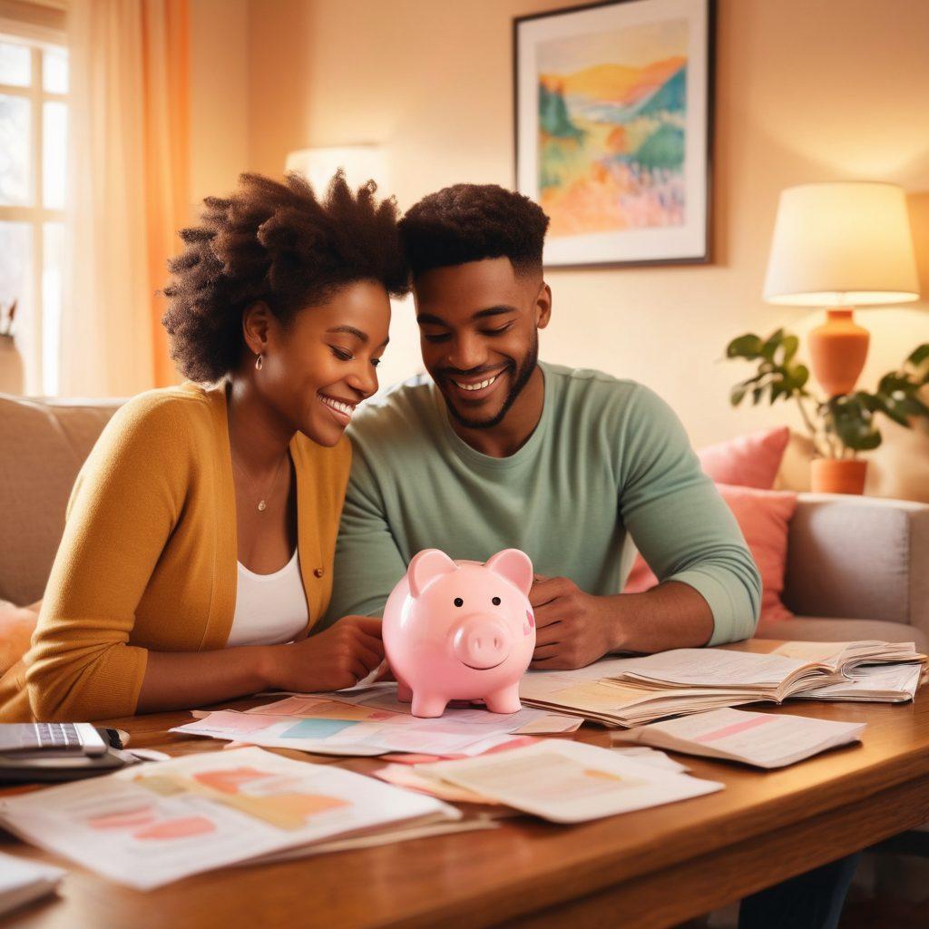 A heartfelt scene depicting a diverse couple in a cozy living room, surrounded by bills and financial documents, yet smiling as they support each other. A warm glow from a nearby lamp gives the atmosphere a sense of hope and unity. Elements like a piggy bank and a heart-shaped money box emphasize the love and financial assistance theme. Soft pastel colors for a soothing effect. super-realistic. vibrant colors. cozy atmosphere.